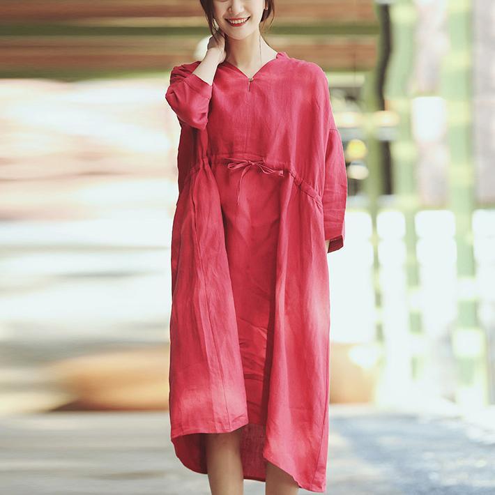 Women v neck tie waist linen outfit 2019 Christmas Gifts red Plus Size Dress Summer - Omychic