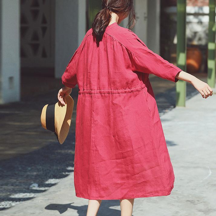 Women v neck tie waist linen outfit 2019 Christmas Gifts red Plus Size Dress Summer - Omychic