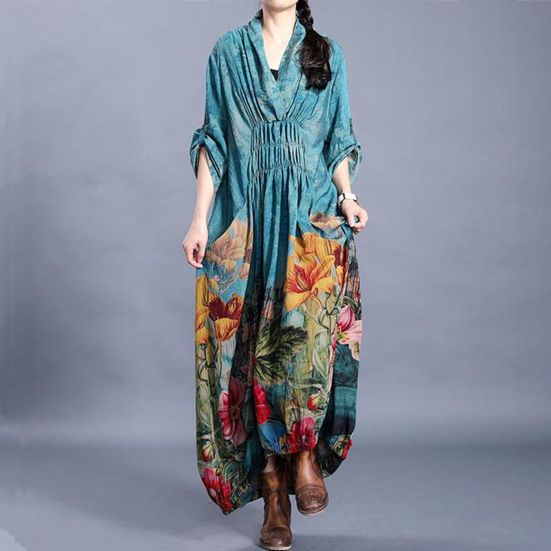 Women v neck wrinkled quilting clothes Outfits blue print Traveling Dress - Omychic