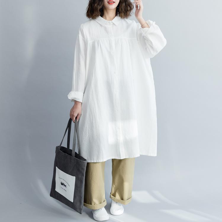 Women white Cotton Shirts Metropolitan Museum Sewing lapel Button Down oversized spring Dress - Omychic