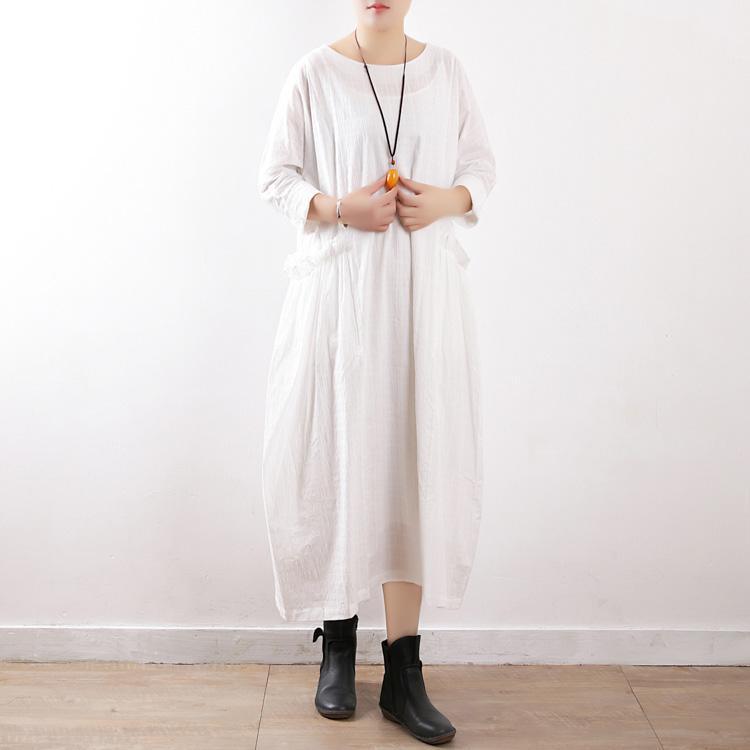 Women white cotton linen quilting clothes boutique Outfits o neck baggy long spring Dresses - Omychic