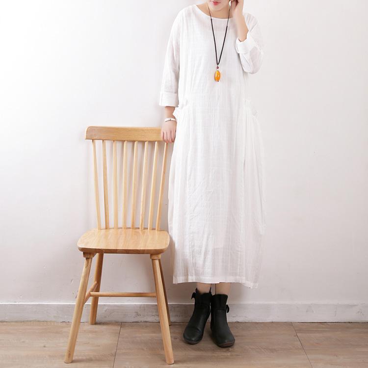 Women white cotton linen quilting clothes boutique Outfits o neck baggy long spring Dresses - Omychic