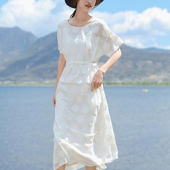 Women white dotted linen clothes Fine Sewing o neck Summer Dress - Omychic
