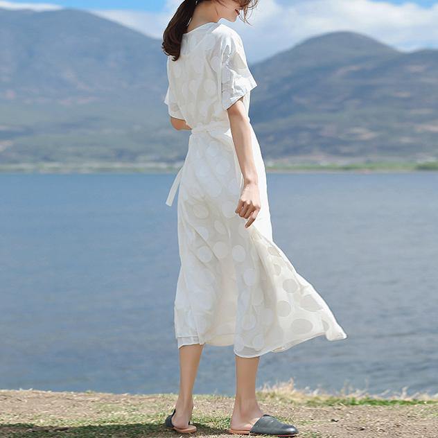 Women white dotted linen clothes Fine Sewing o neck Summer Dress - Omychic