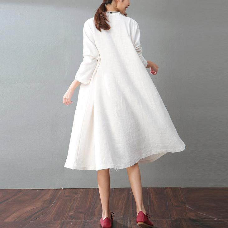 Women white linen clothes stylish Fabrics stand collar pockets Art spring Dresses - Omychic