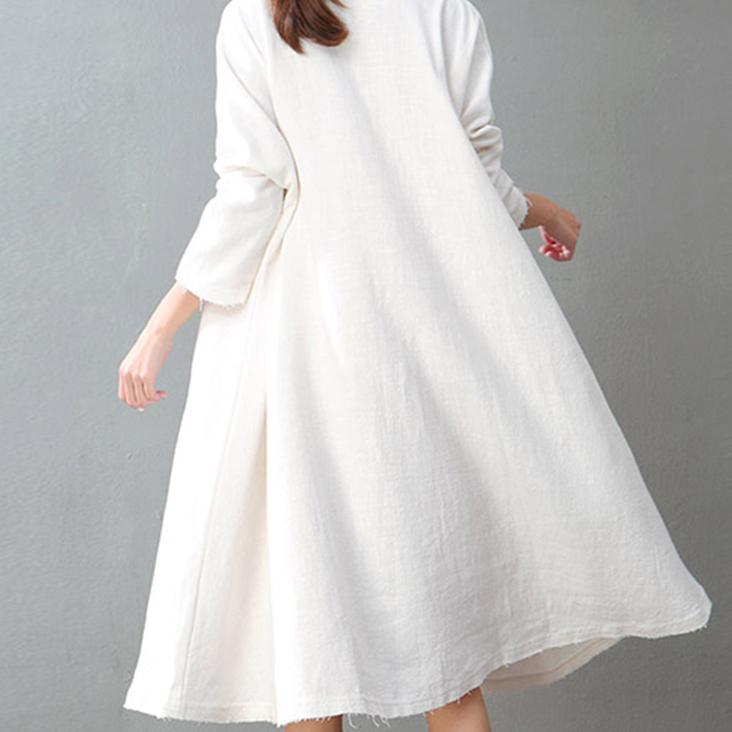 Women white linen clothes stylish Fabrics stand collar pockets Art spring Dresses - Omychic