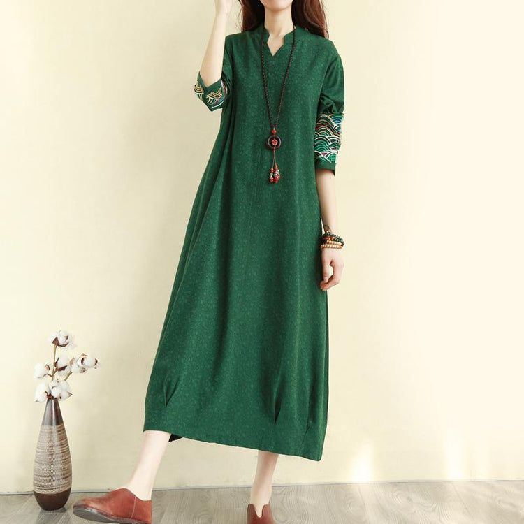 Women wrinkled cotton embroidery winter Robes Work Outfits blackish green Dresses - Omychic