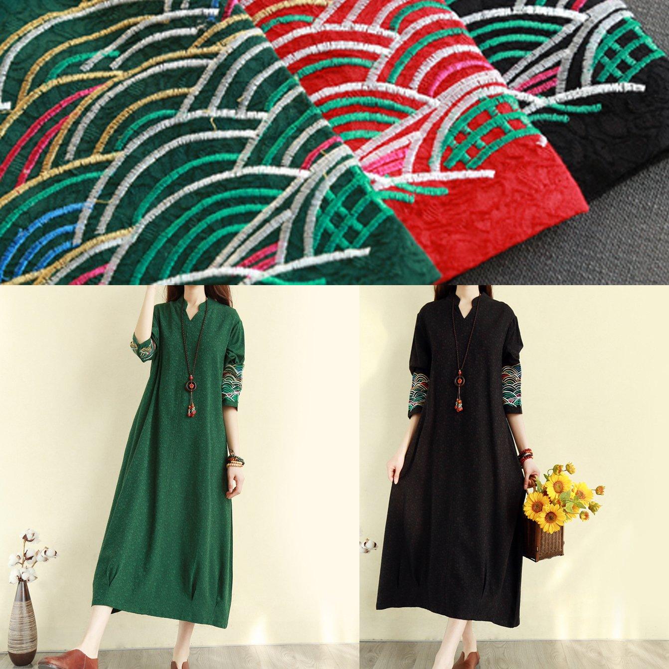 Women wrinkled cotton embroidery winter Robes Work Outfits blackish green Dresses - Omychic