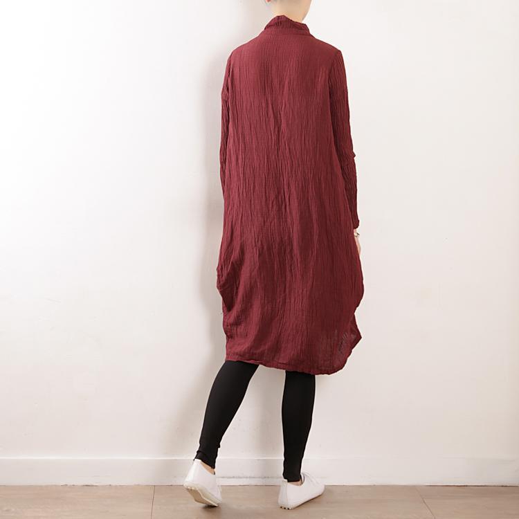 Women wrinkled linen dresses Work Outfits burgundy shirts Dress fall - Omychic