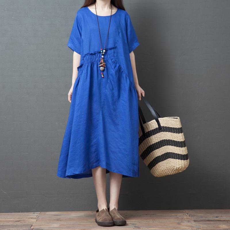 Women wrinkled ruffles cotton clothes design blue o neck loose Dresses summer - Omychic