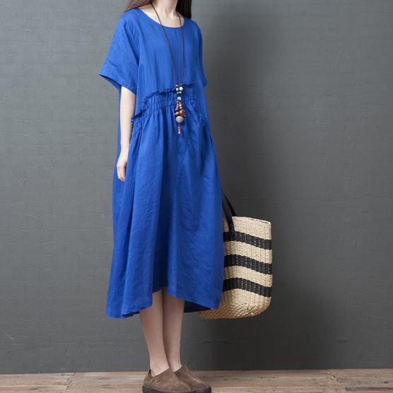Women wrinkled ruffles cotton clothes design blue o neck loose Dresses summer - Omychic