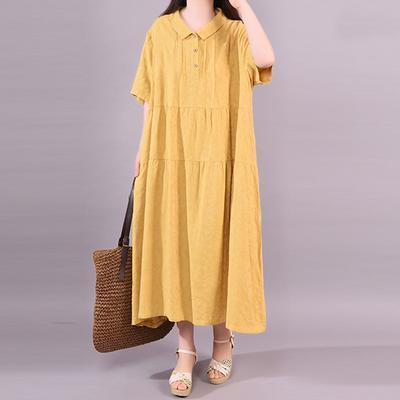 Women yellow lapel collar cotton quilting dresses Women Summer prints Dress - Omychic