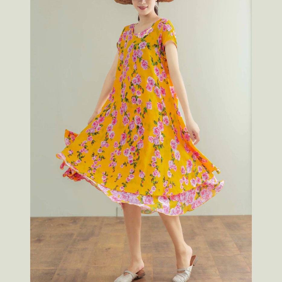 Women yellow print cotton Wardrobes o neck patchwork Vestidos De Lino summer Dress - Omychic