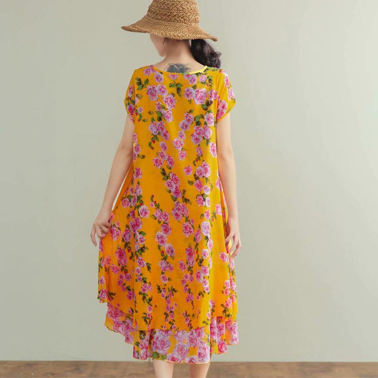 Women yellow print cotton Wardrobes o neck patchwork Vestidos De Lino summer Dress - Omychic