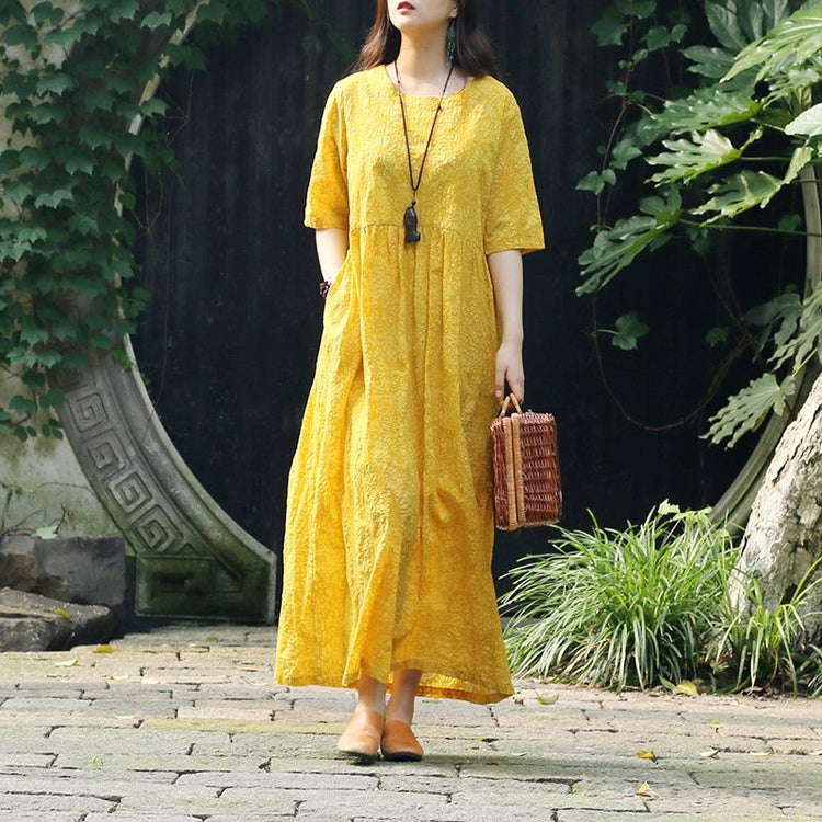 Women yellow print cotton clothes For Women Mom Outfits v neck tie waist Kaftan Summer Dress - Omychic