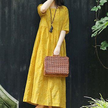 Women yellow print cotton clothes For Women Mom Outfits v neck tie waist Kaftan Summer Dress - Omychic
