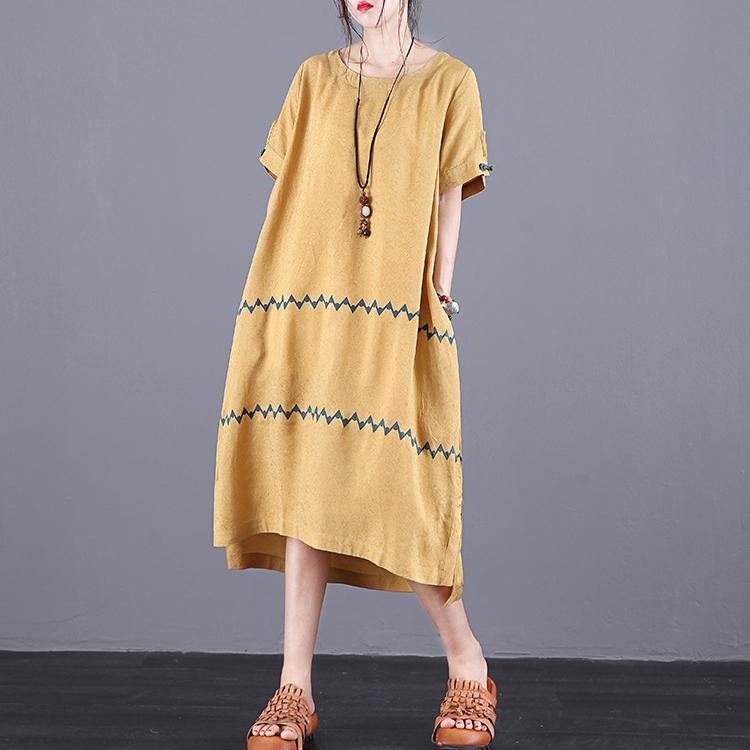 Women Yellow Quilting Clothes O Neck Pockets Plus Size Summer Dress ( Limited Stock) - Omychic