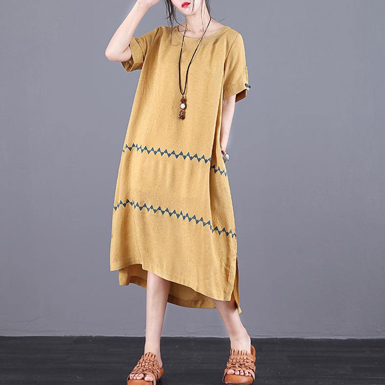 Women Yellow Quilting Clothes O Neck Pockets Plus Size Summer Dress ( Limited Stock) - Omychic