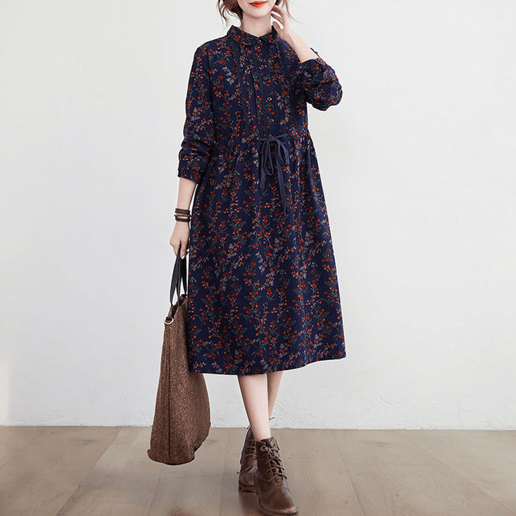 Women Cotton Linen Long Dress New 2021 Autumn Vintage Style Print Turn-down Collar Loose Ladies A-line Casual Dresses - Omychic