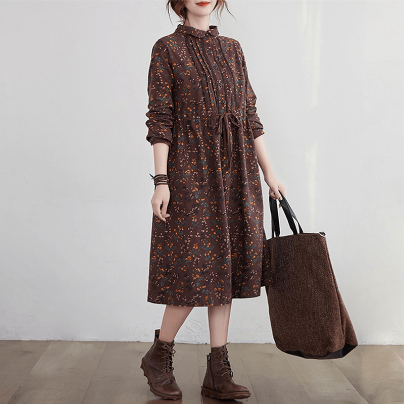 Women Cotton Linen Long Dress New 2021 Autumn Vintage Style Print Turn-down Collar Loose Ladies A-line Casual Dresses - Omychic