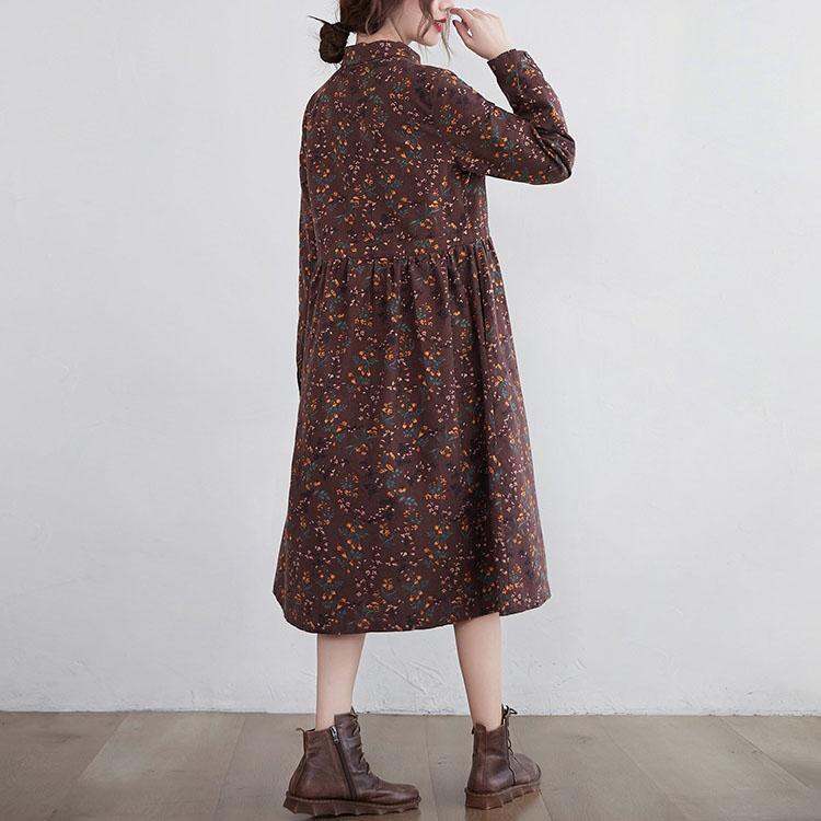 Women Cotton Linen Long Dress New 2021 Autumn Vintage Style Print Turn-down Collar Loose Ladies A-line Casual Dresses - Omychic