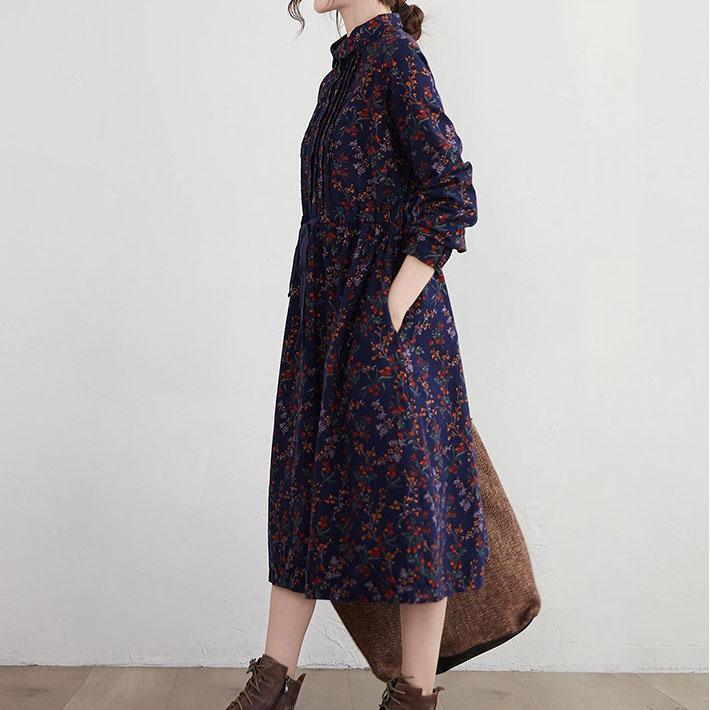 Women Cotton Linen Long Dress New 2021 Autumn Vintage Style Print Turn-down Collar Loose Ladies A-line Casual Dresses - Omychic