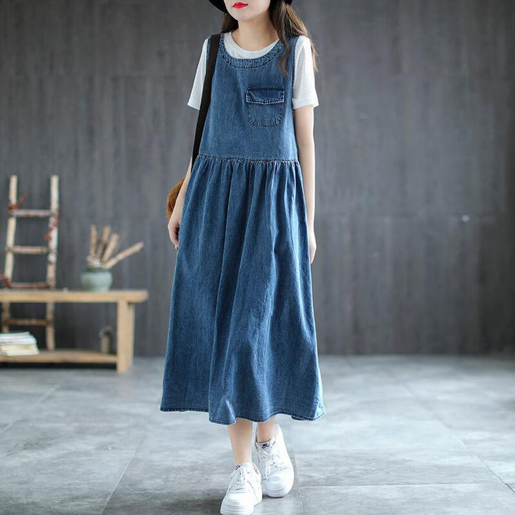 2021 Plus Size Denim Pleated Fall/Springless Pinafore Dress - Omychic