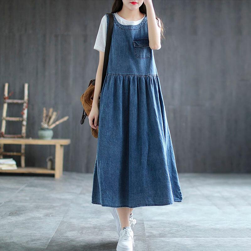 2021 Plus Size Denim Pleated Fall/Springless Pinafore Dress - Omychic