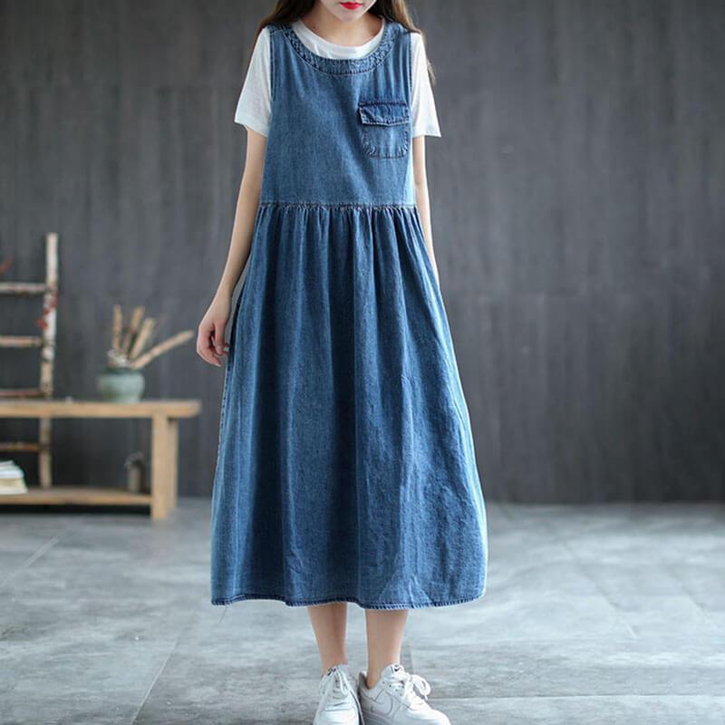 2021 Plus Size Denim Pleated Fall/Springless Pinafore Dress - Omychic