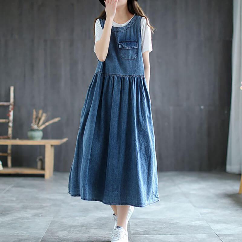 2021 Plus Size Denim Pleated Fall/Springless Pinafore Dress - Omychic