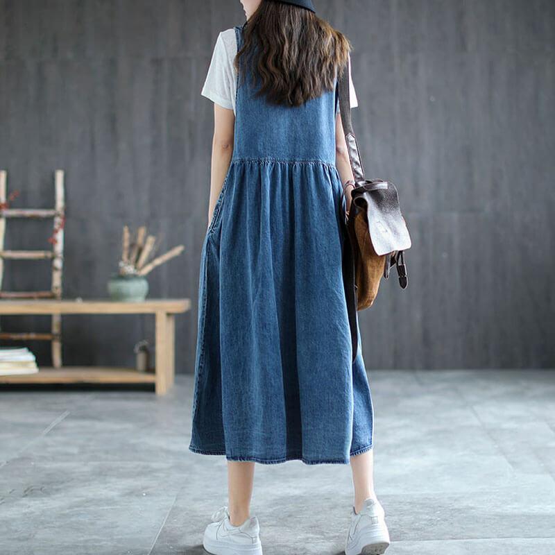 2021 Plus Size Denim Pleated Fall/Springless Pinafore Dress - Omychic