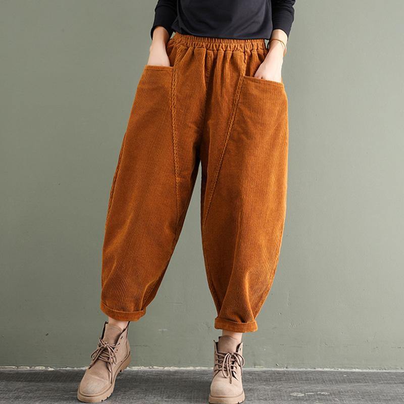 Oversize Corduroy Cotton Pants Elastic Waist - Omychic