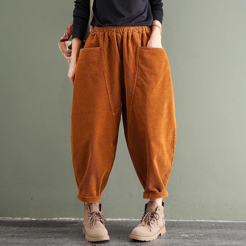 Oversize Corduroy Cotton Pants Elastic Waist - Omychic