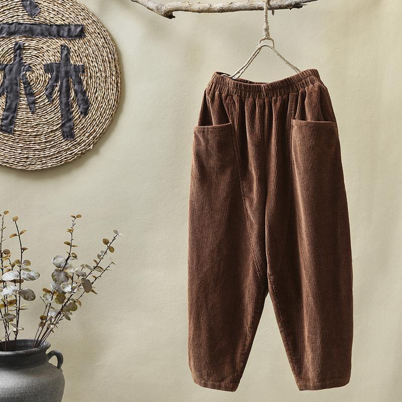 Oversize Corduroy Cotton Pants Elastic Waist - Omychic