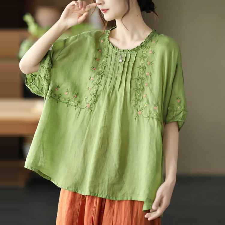 Women Floral Draped Ramie O-neck Embroidered Split T-shirt - Omychic