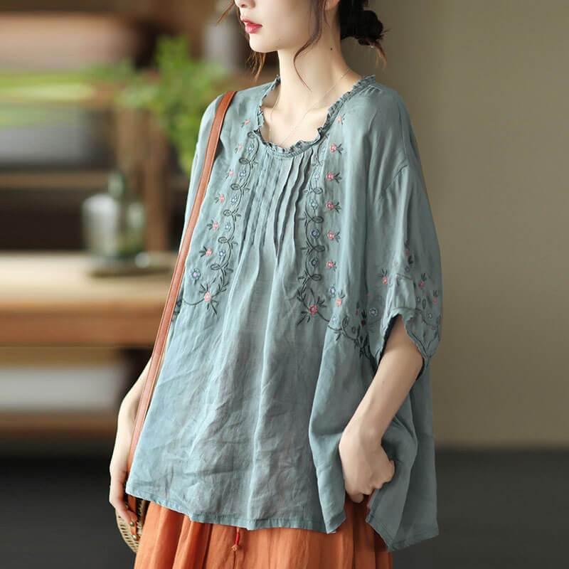 Women Floral Draped Ramie O-neck Embroidered Split T-shirt - Omychic