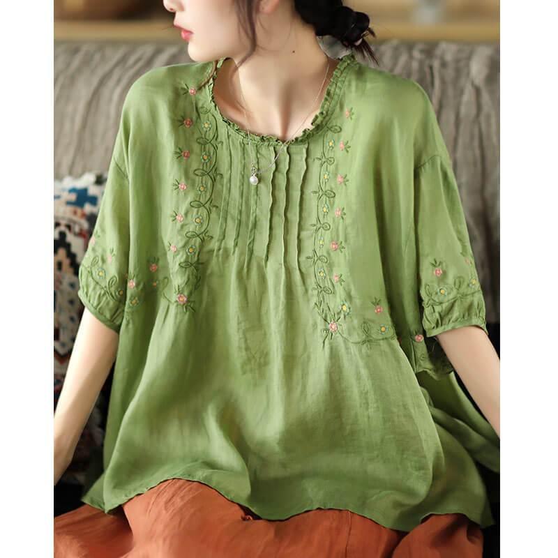 Women Floral Draped Ramie O-neck Embroidered Split T-shirt - Omychic