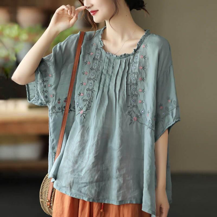 Women Floral Draped Ramie O-neck Embroidered Split T-shirt - Omychic