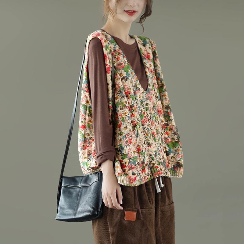 Unique Floral Print Knit Sleeveless Blouse Top - Omychic