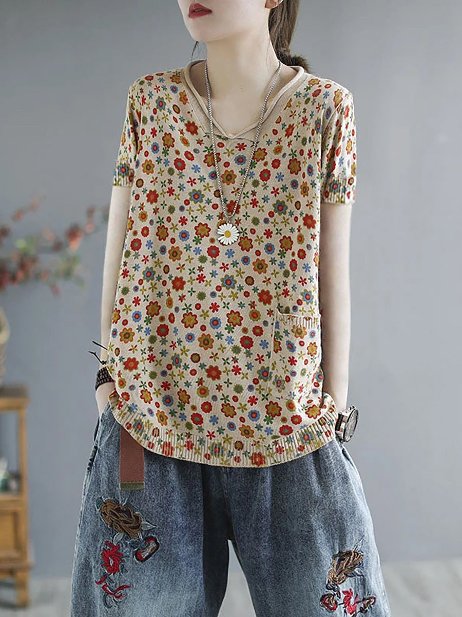Women Floral Fall Knitted Casual Print Pocket Sweater