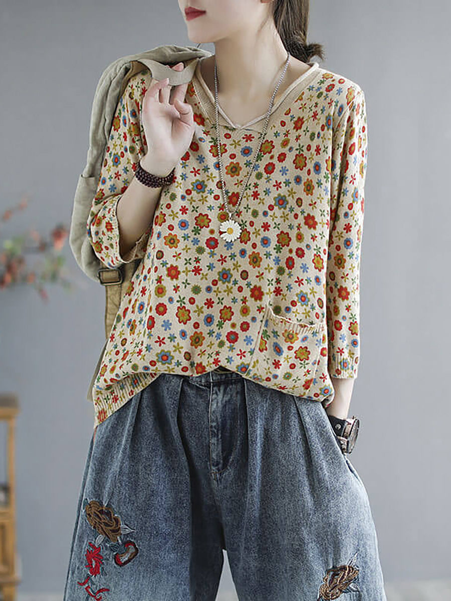 Women Floral Fall Knitted Casual Print Pocket Sweater
