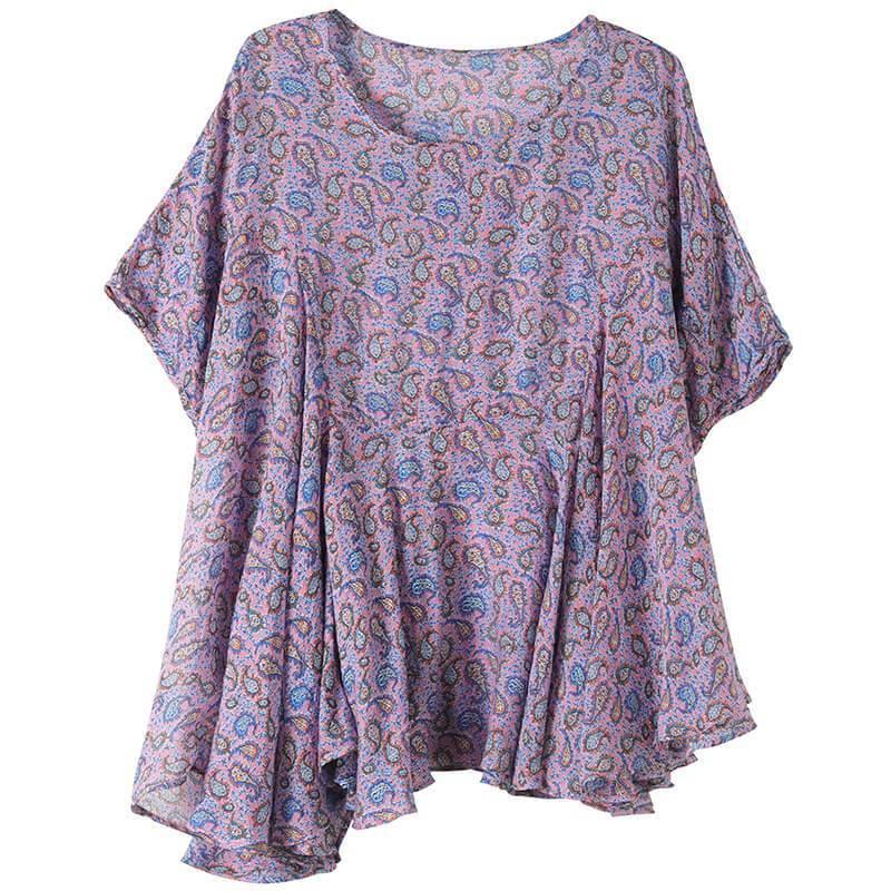 Women Leaf O Neck Asymmetrical Print Casual Loose T-shirt - Omychic