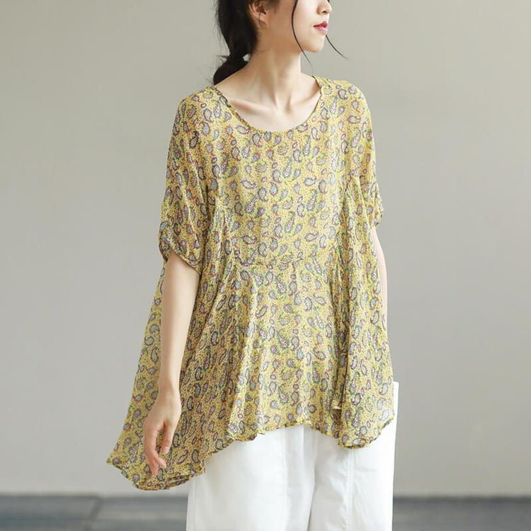 Women Leaf O Neck Asymmetrical Print Casual Loose T-shirt - Omychic