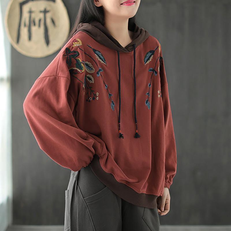 Retro Leaves Embroidery Hooded Sweatshirt Oversize Top - Omychic