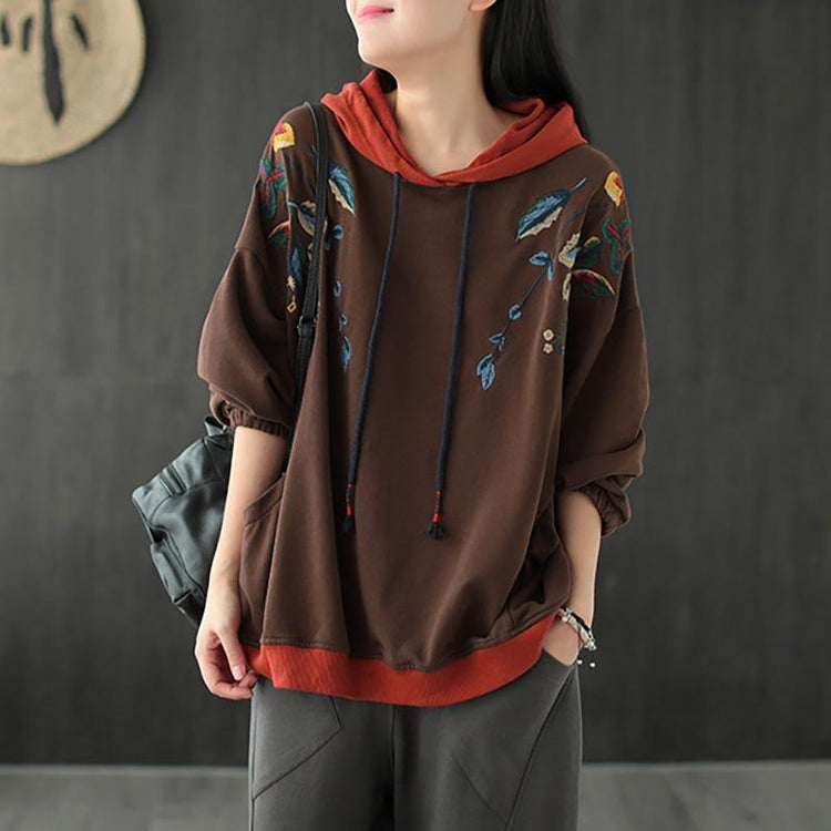 Retro Leaves Embroidery Hooded Sweatshirt Oversize Top - Omychic