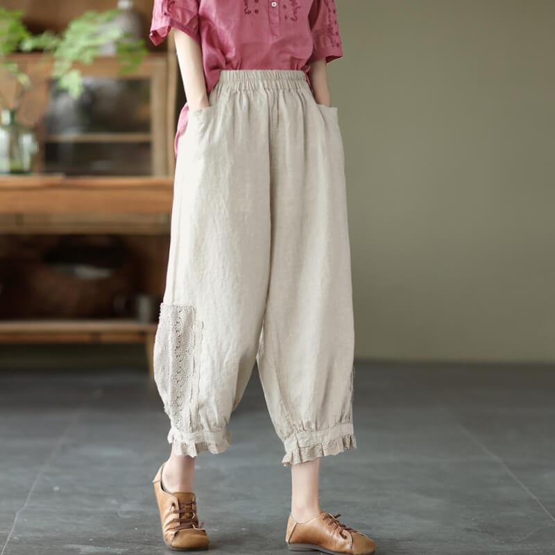 Women Linen Beautiful Lace Decoration Pocket Casual Pants - Omychic