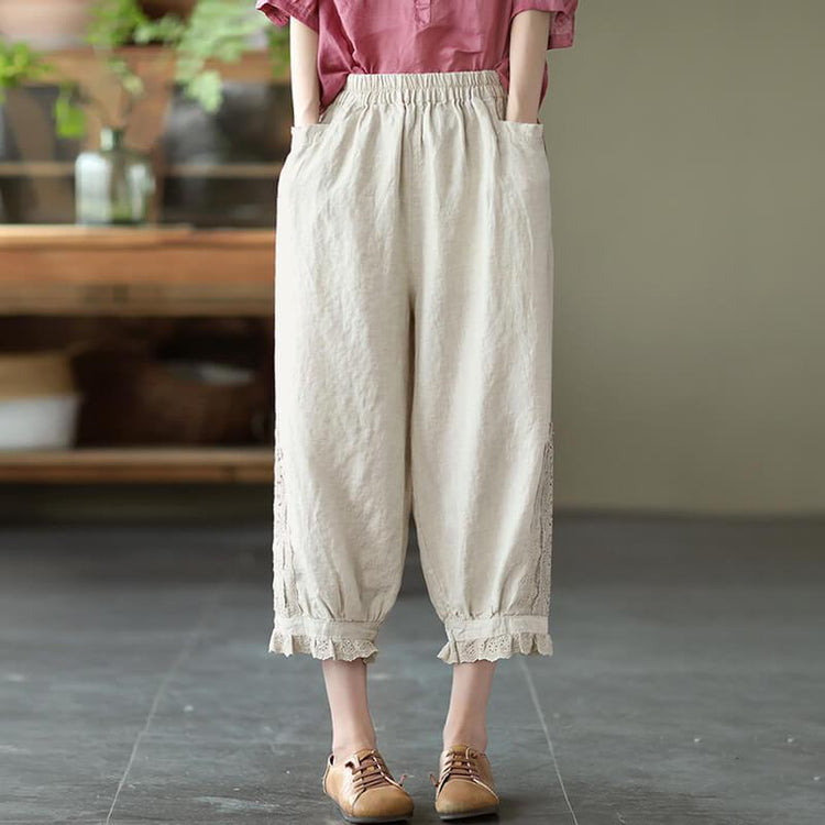 Women Linen Beautiful Lace Decoration Pocket Casual Pants - Omychic