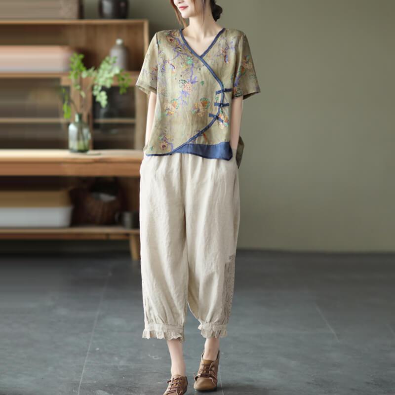 Women Linen Beautiful Lace Decoration Pocket Casual Pants - Omychic