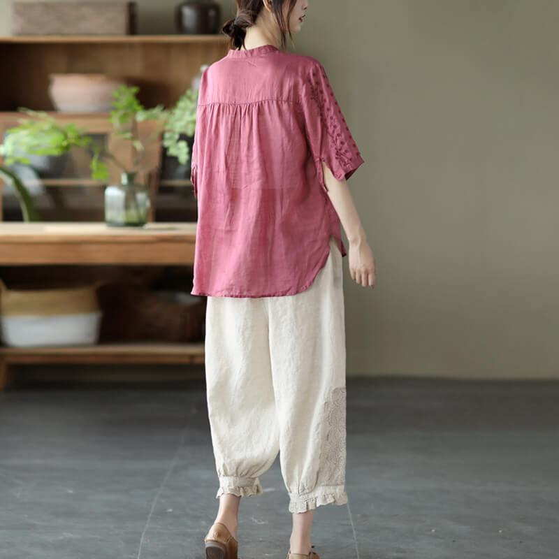 Women Linen Beautiful Lace Decoration Pocket Casual Pants - Omychic