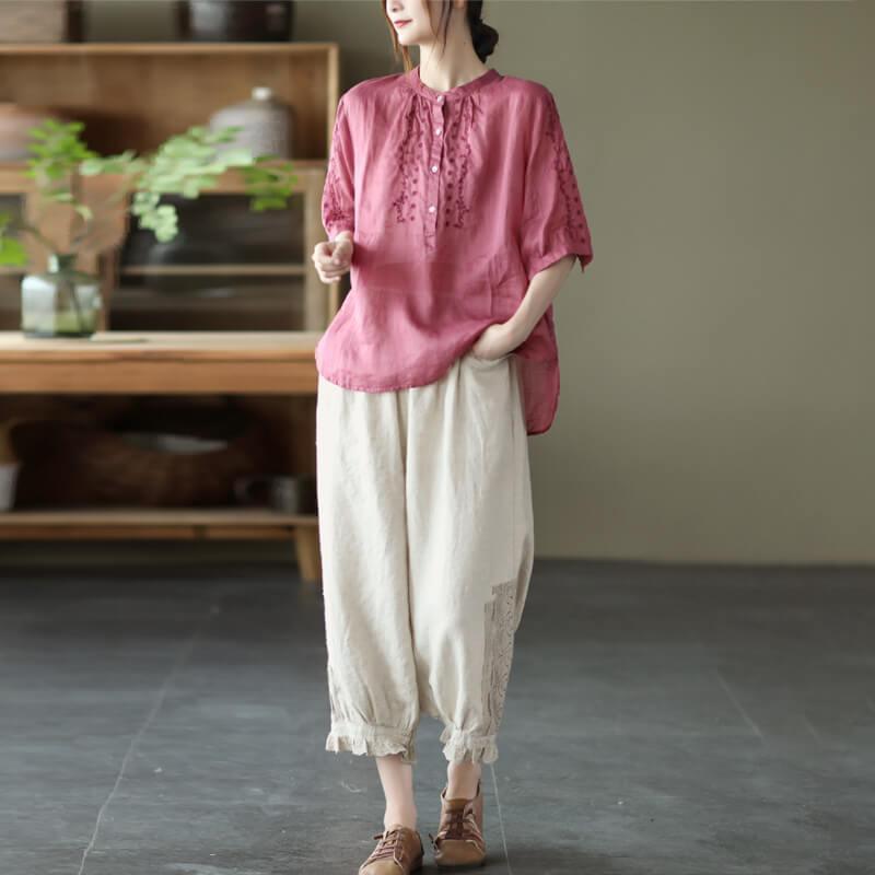 Women Linen Beautiful Lace Decoration Pocket Casual Pants - Omychic